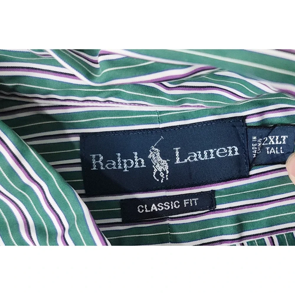Vintage Polo Ralph Lauren Classic Fit Shirt Mens 2XLT Tall Green Striped L/S EUC